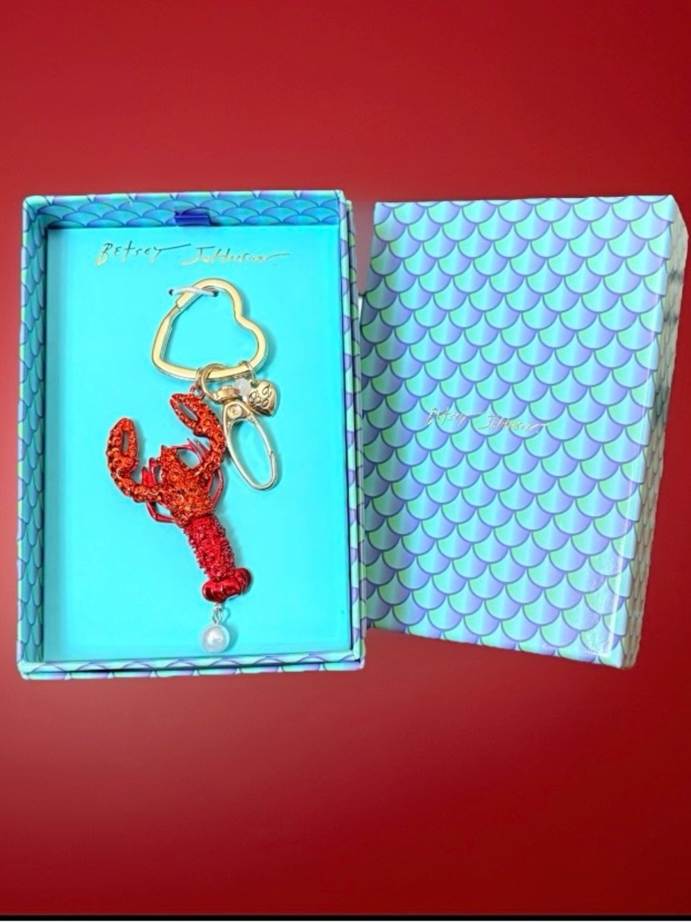 Betsey Johnson Red Rhinestone Lobster Keyring with Pearl Charm Box Set NWT